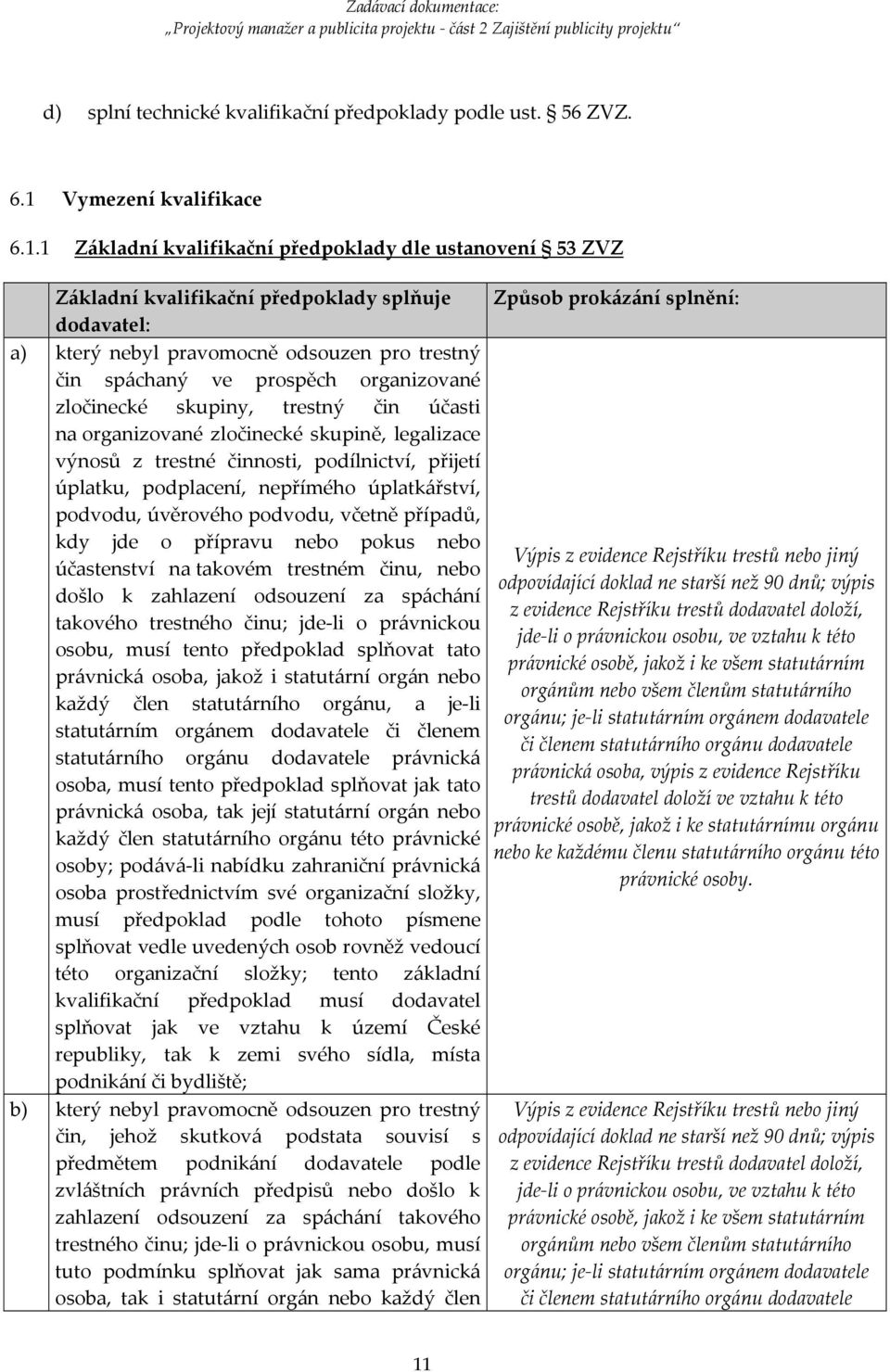 1 Základní kvalifikační předpoklady dle ustanovení 53 ZVZ Základní kvalifikační předpoklady splňuje Způsob prokázání splnění: dodavatel: a) který nebyl pravomocně odsouzen pro trestný čin spáchaný ve