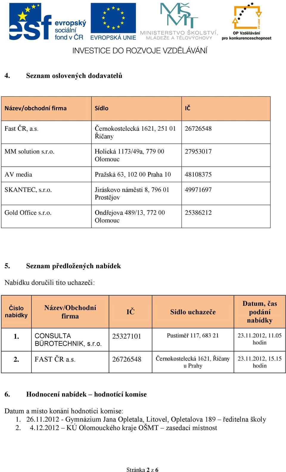 Seznam předložených nabídek Nabídku doručili tito uchazeči: Číslo nabídky Název/Obchodní firma IČ Sídlo uchazeče Datum, čas podání nabídky 1. CONSULTA BÜROTECHNIK, s.r.o. 25327101 Pustiměř 117, 683 21 23.