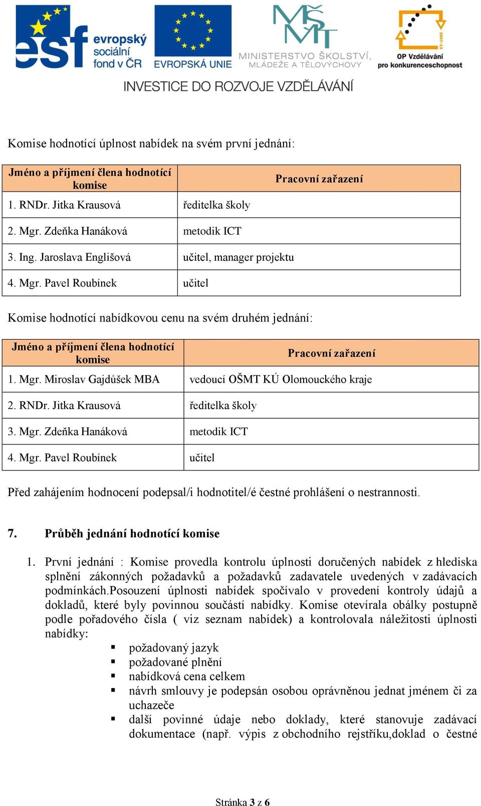 RNDr. Jitka Krausová ředitelka školy 3. Mgr. Zdeňka Hanáková metodik ICT 4. Mgr. Pavel Roubínek učitel Před zahájením hodnocení podepsal/i hodnotitel/é čestné prohlášení o nestrannosti. 7.