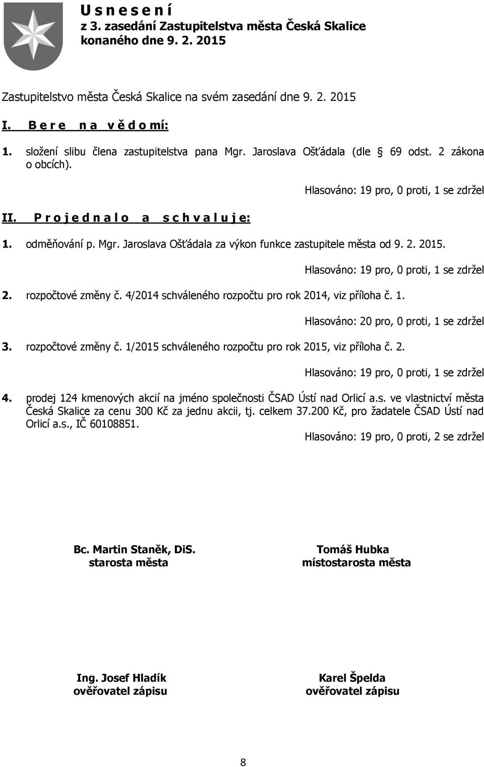 2. 2015. 2. rozpočtové změny č. 4/2014 schváleného rozpočtu pro rok 2014, viz příloha č. 1. Hlasováno: 20 pro, 0 proti, 1 se zdržel 3. rozpočtové změny č. 1/2015 schváleného rozpočtu pro rok 2015, viz příloha č.