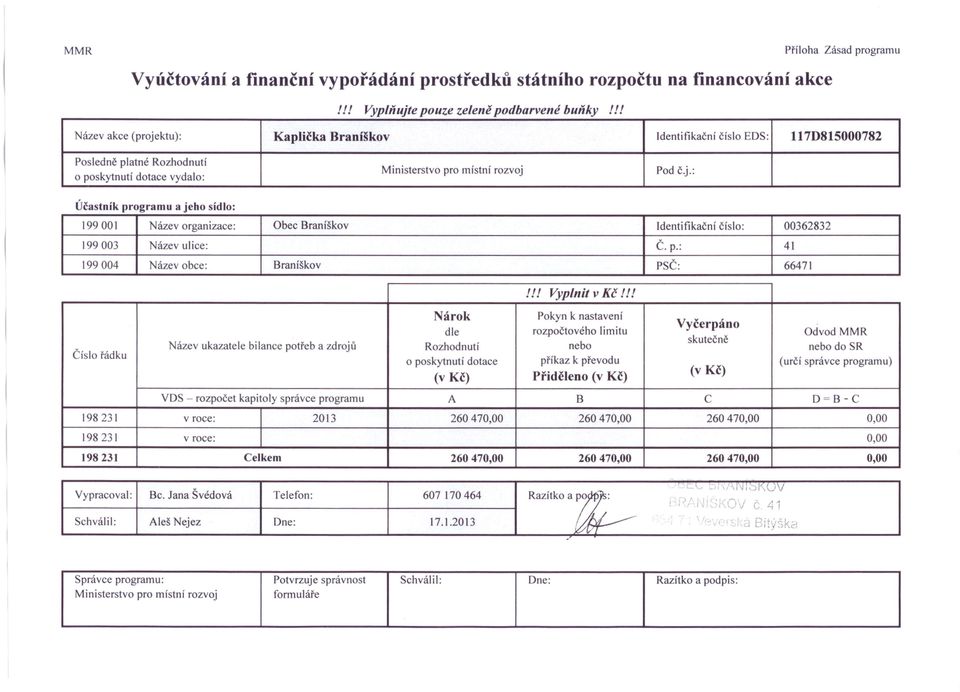 p.: 41 199004 Název obce: Braníškov PSČ: 66471 Číslo řádku!!! Vyplnit v Kč!