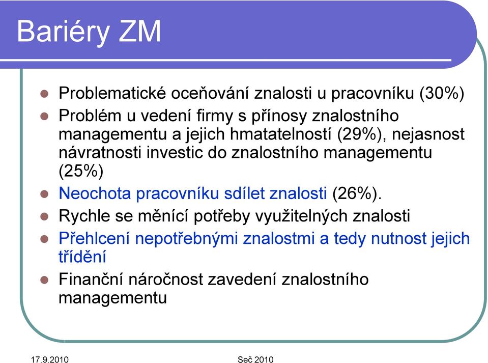 managementu (25%) Neochota pracovníku sdílet znalosti (26%).