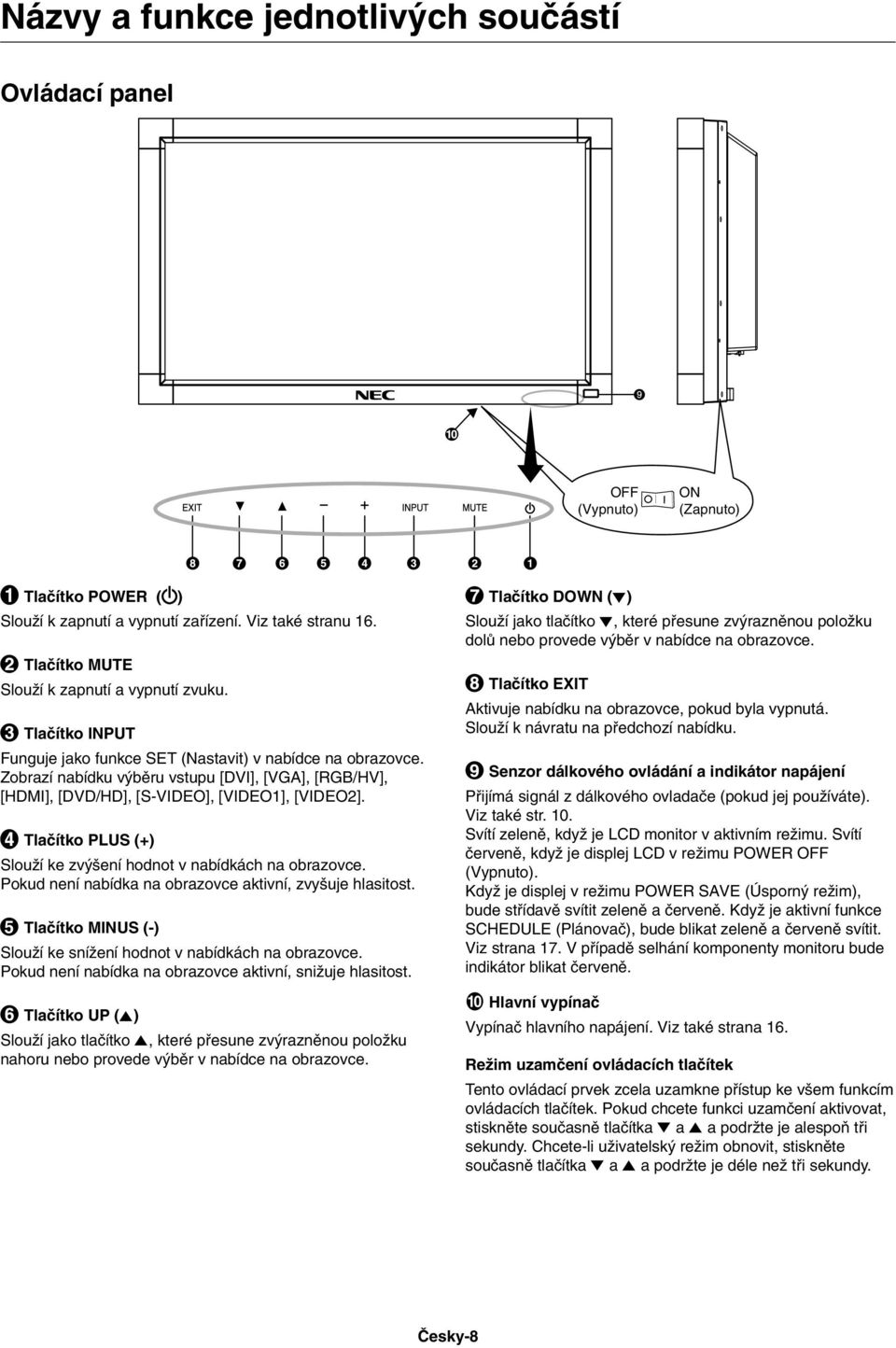 Zobrazí nabídku v bûru vstupu [DVI], [VGA], [RGB/HV], [HDMI], [DVD/HD], [S-VIDEO], [VIDEO1], [VIDEO2]. Tlaãítko PLUS (+) SlouÏí ke zv ení hodnot v nabídkách na obrazovce.