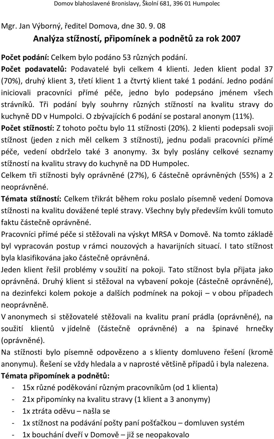 Jedno podání iniciovali pracovníci přímé péče, jedno bylo podepsáno jménem všech strávníků. Tři podání byly souhrny různých stížností na kvalitu stravy do kuchyně DD v Humpolci.