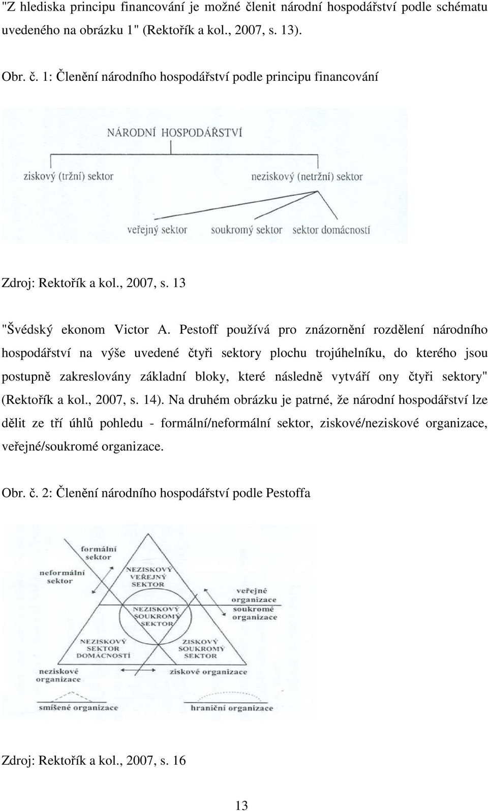 Pestoff používá pro znázornění rozdělení národního hospodářství na výše uvedené čtyři sektory plochu trojúhelníku, do kterého jsou postupně zakreslovány základní bloky, které následně vytváří ony