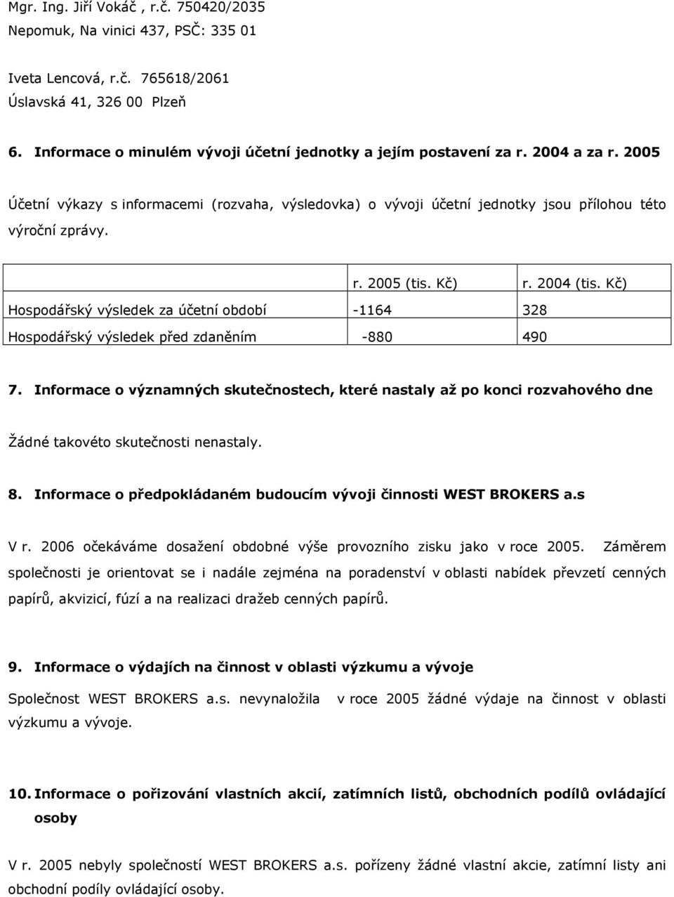 Kč) r. 2004 (tis. Kč) Hospodářský výsledek za účetní období -1164 328 Hospodářský výsledek před zdaněním -880 490 7.