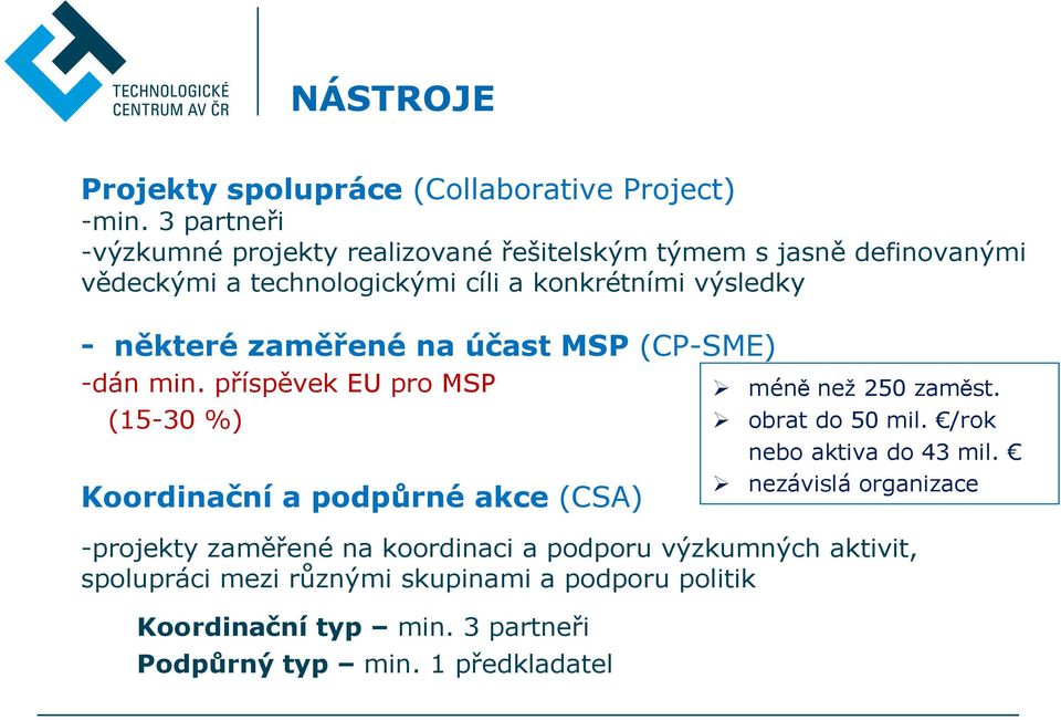 některé zaměřené na účast MSP (CP-SME) -dán min.