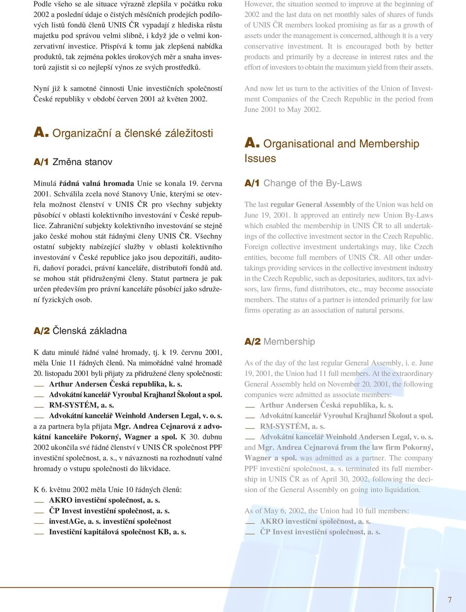 Nyní již k samotné činnosti Unie investičních společností České republiky v období červen 2001 až květen 2002. A.
