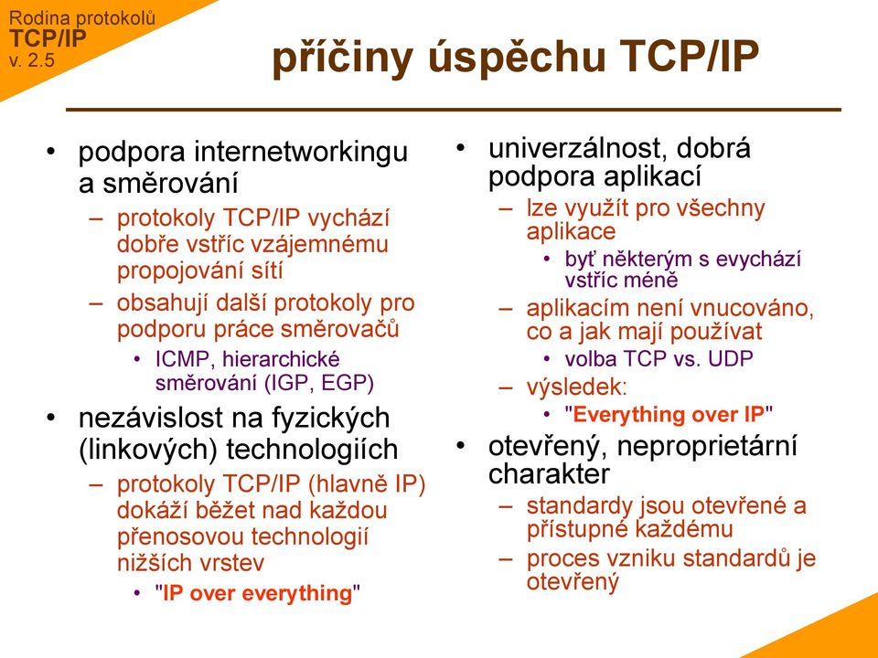 vrstev "IP over everything" univerzálnost, dobrá podpora aplikací lze využít pro všechny aplikace byť některým s evychází vstříc méně aplikacím není vnucováno, co a jak