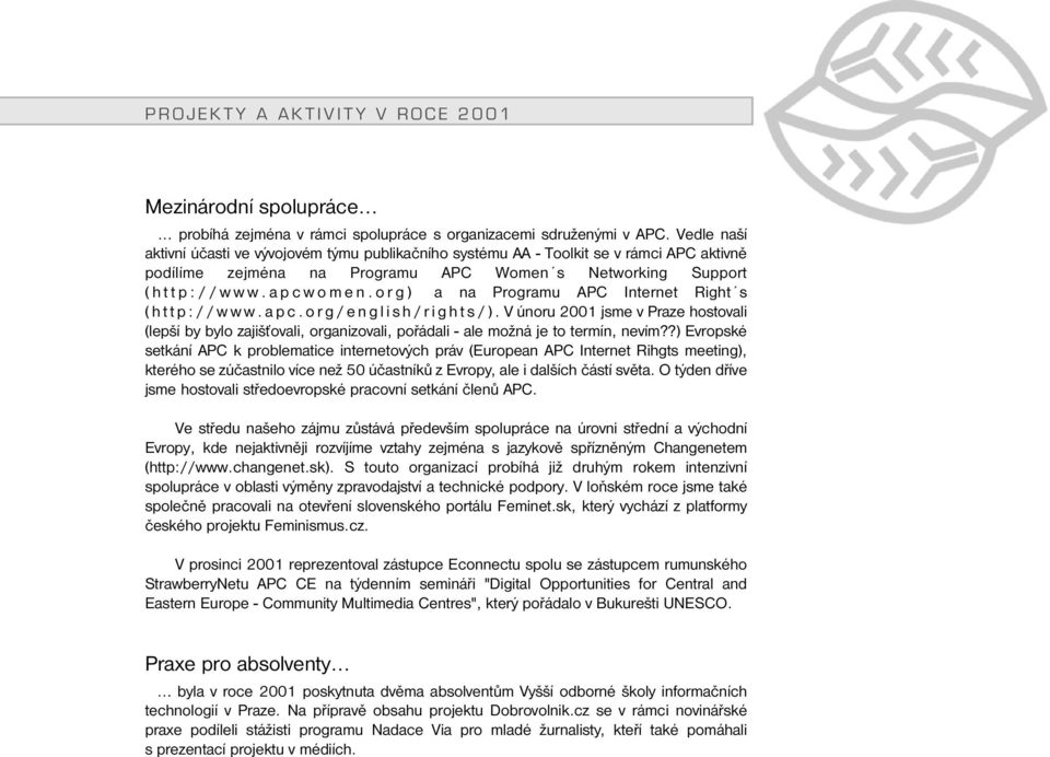 org) a na Programu APC Internet Right s (http://www.apc.org/english/rights/). V únoru 2001 jsme v Praze hostovali (lepší by bylo zajišťovali, organizovali, pořádali - ale možná je to termín, nevím?