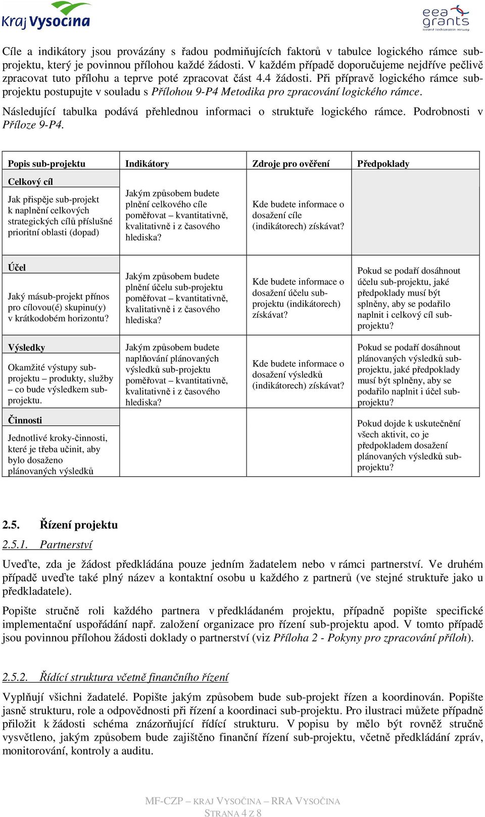 Při přípravě logického rámce subprojektu postupujte v souladu s Přílohou 9-P4 Metodika pro zpracování logického rámce. Následující tabulka podává přehlednou informaci o struktuře logického rámce.