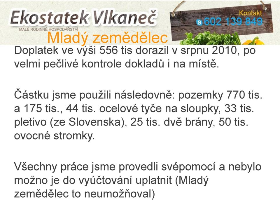 ocelové tyče na sloupky, 33 tis. pletivo (ze Slovenska), 25 tis. dvě brány, 50 tis.