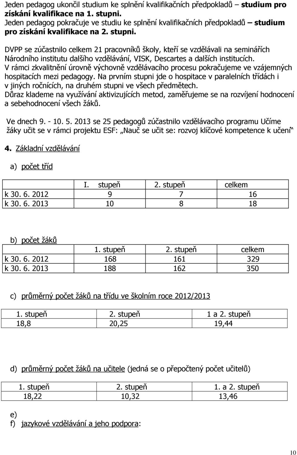 DVPP se zúčastnilo celkem 21 pracovníků školy, kteří se vzdělávali na seminářích Národního institutu dalšího vzdělávání, VISK, Descartes a dalších institucích.