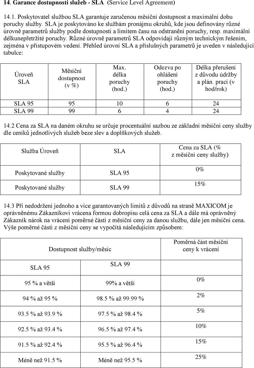 Různé úrovně parametrů SLA odpovídají různým technickým řešením, zejména v přístupovém vedení.