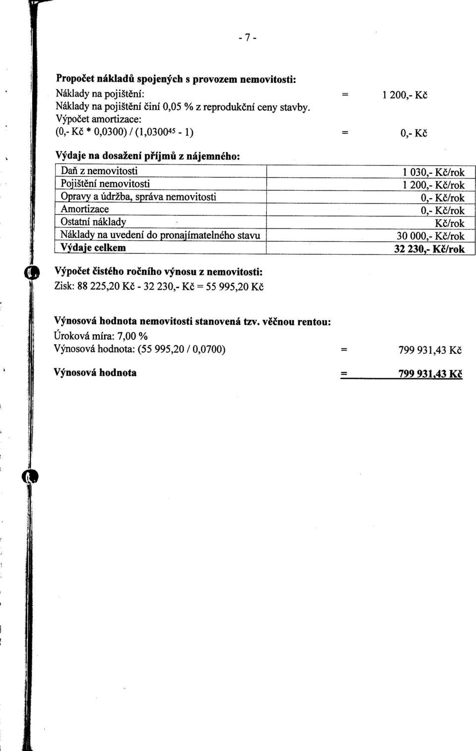 Výpočet amortizace: (0,- Kč * 0,0300) / (1,030045-1) Výdaje na dosaženi p říjmů z nájemného: Výpočet čistého ročního