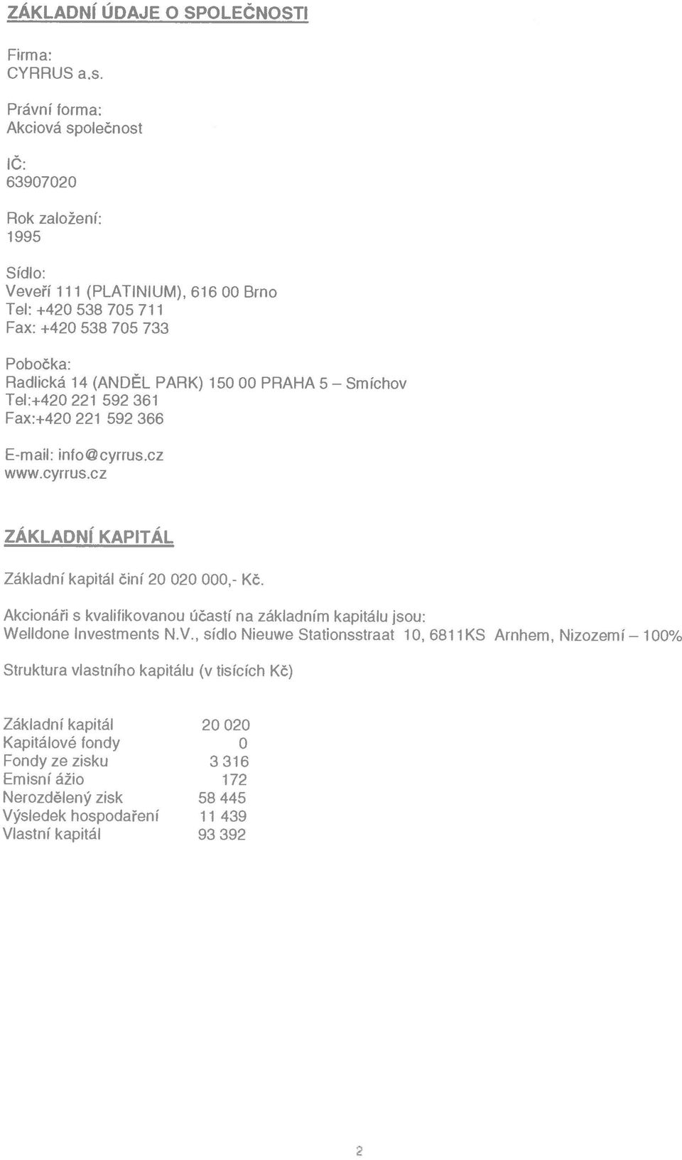 150 00 PRAHA 5 Smíchov Tel :+420 221 592 361 FX:+420 221 592 366 Emil: info@cyrrus.cz www.cyrrus.cz ZÁKLADNÍ KAPITÁL Zákldní kpitál činí 20 020 000, Kč.