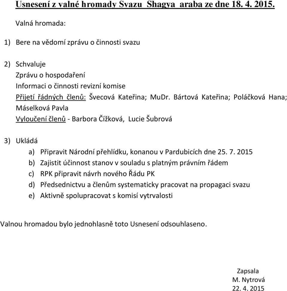 Bártová Kateřina; Poláčková Hana; Máselková Pavla Vyloučení členů - Barbora Čížková, Lucie Šubrová 3) Ukládá a) Připravit Národní přehlídku, konanou v Pardubicích dne 25. 7.