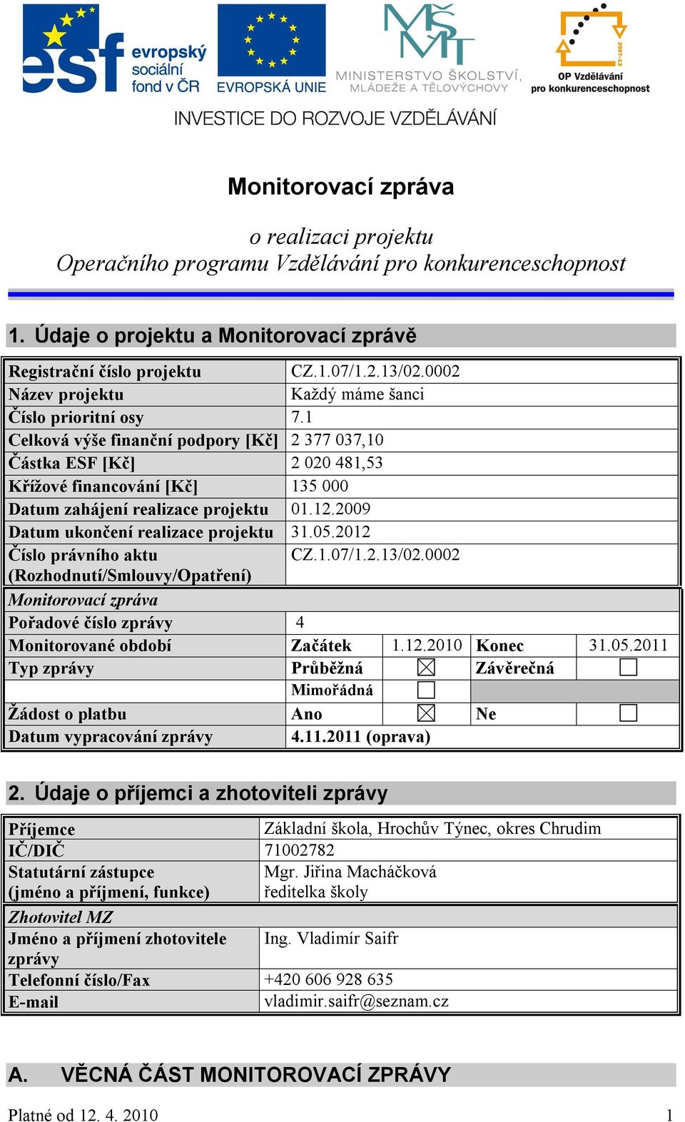 1 Celková výše finanční podpory [Kč] 2 377 037,10 Částka ESF [Kč] 2 020 481,53 Křížové financování [Kč] 135 000 Datum zahájení realizace projektu 01.12.2009 Datum ukončení realizace projektu 31.05.