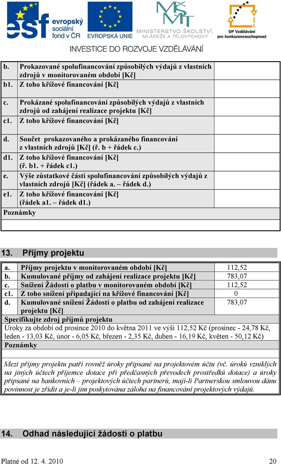 Součet prokazovaného a prokázaného financování z vlastních zdrojů [Kč] (ř. b + řádek c.) d1. Z toho křížové financování [Kč] (ř. b1. + řádek c1.) e.