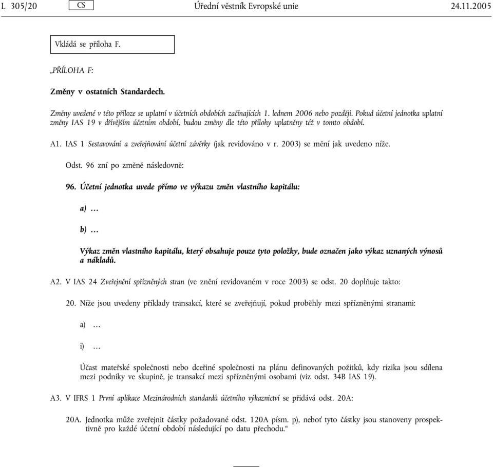 IAS 1 Sestavování a zveřejňování účetní závěrky (jak revidováno v r. 2003) se mění jak uvedeno níže. Odst. 96 zní po změně následovně: 96.