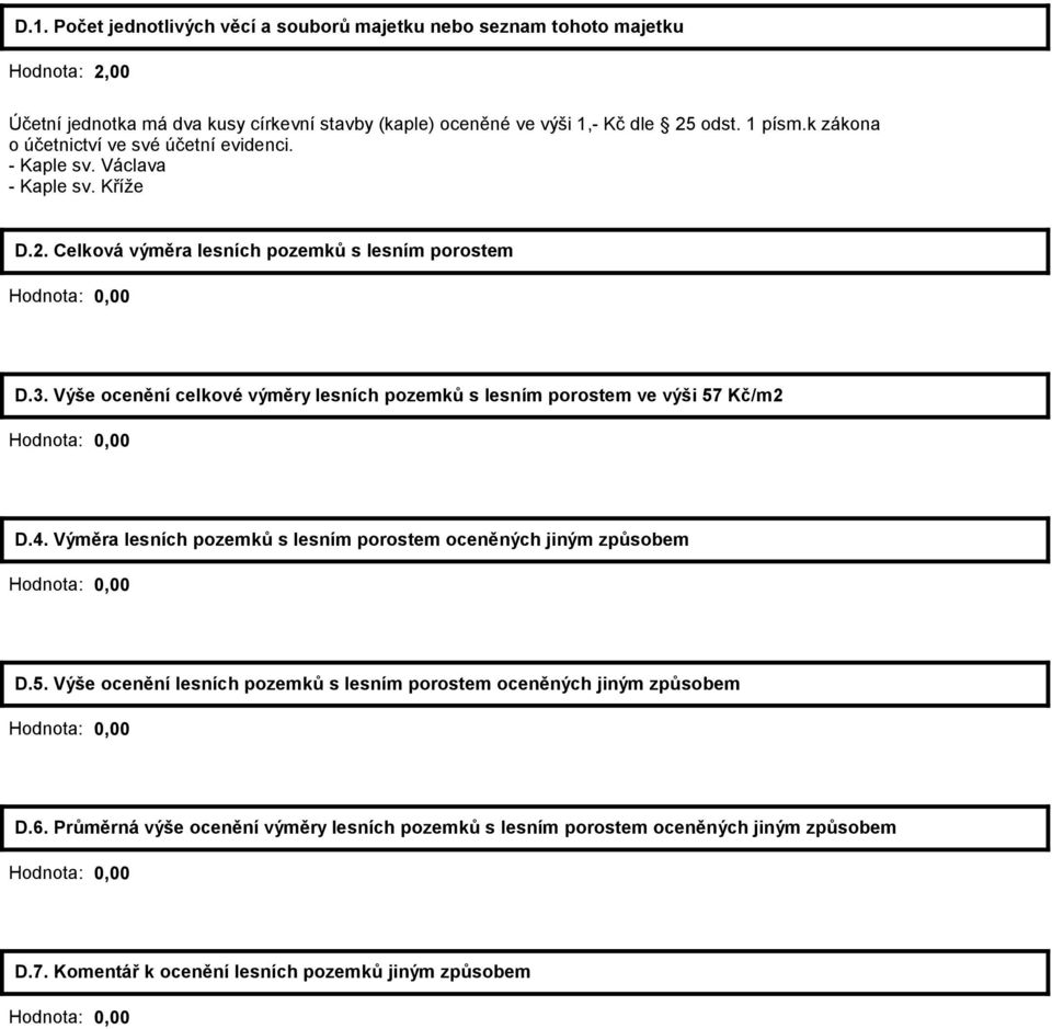 Výše ocenění celkové výměry lesních pozemků s lesním porostem ve výši 57 Kč/m2 Hodnota: 0,00 D.4. Výměra lesních pozemků s lesním porostem oceněných jiným způsobem Hodnota: 0,00 D.5. Výše ocenění lesních pozemků s lesním porostem oceněných jiným způsobem Hodnota: 0,00 D.