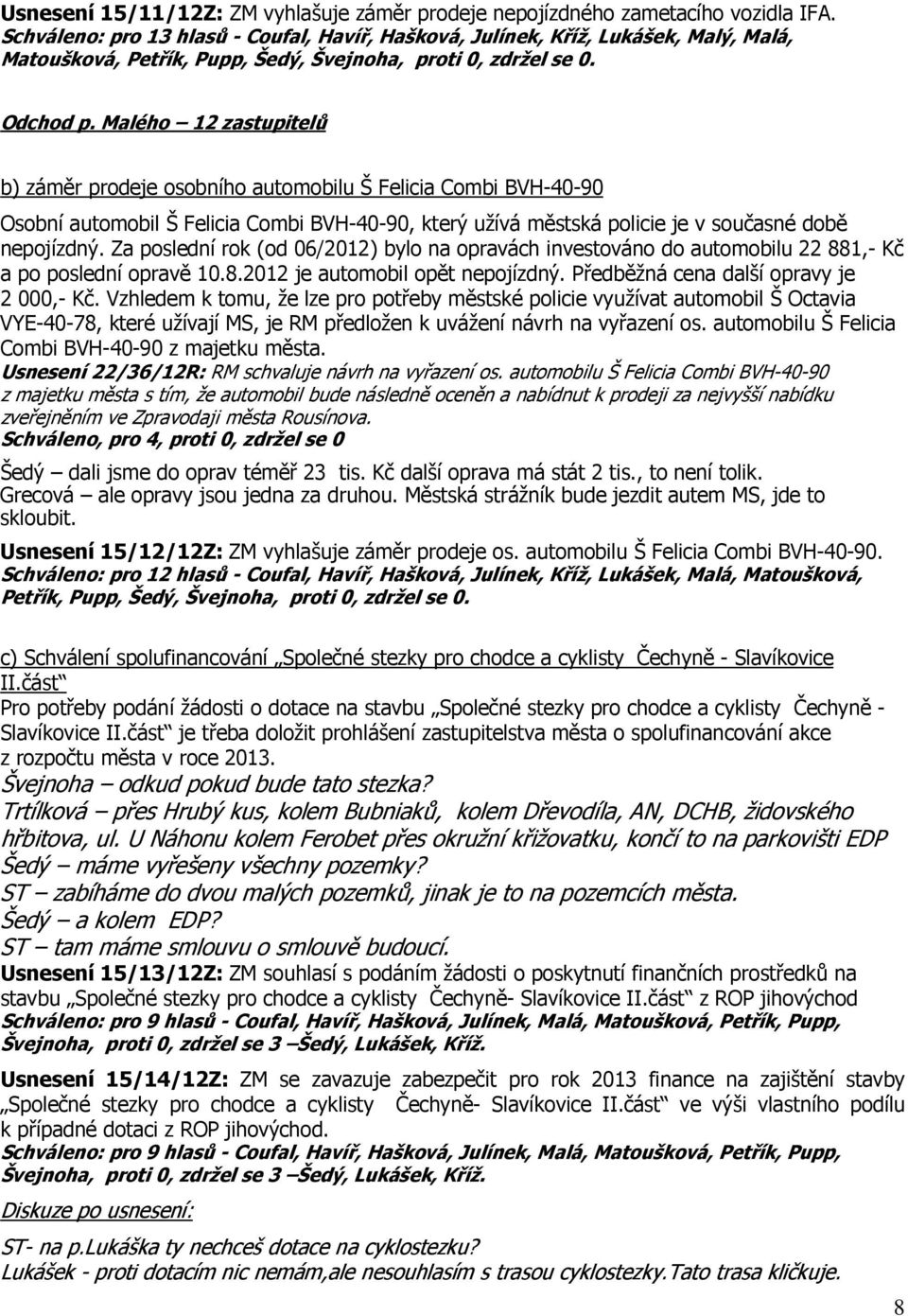 Malého 12 zastupitelů b) záměr prodeje osobního automobilu Š Felicia Combi BVH-40-90 Osobní automobil Š Felicia Combi BVH-40-90, který užívá městská policie je v současné době nepojízdný.