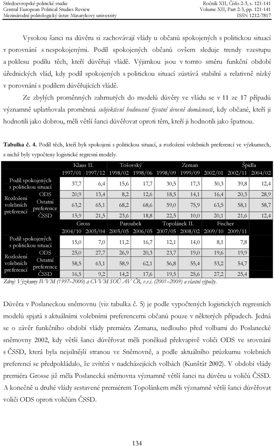 Výjimkou jsou v tomto směru funkční období úřednických vlád, kdy podíl spokojených s politickou situací zůstává stabilní a relativně nízký v porovnání s podílem důvěřujících vládě.