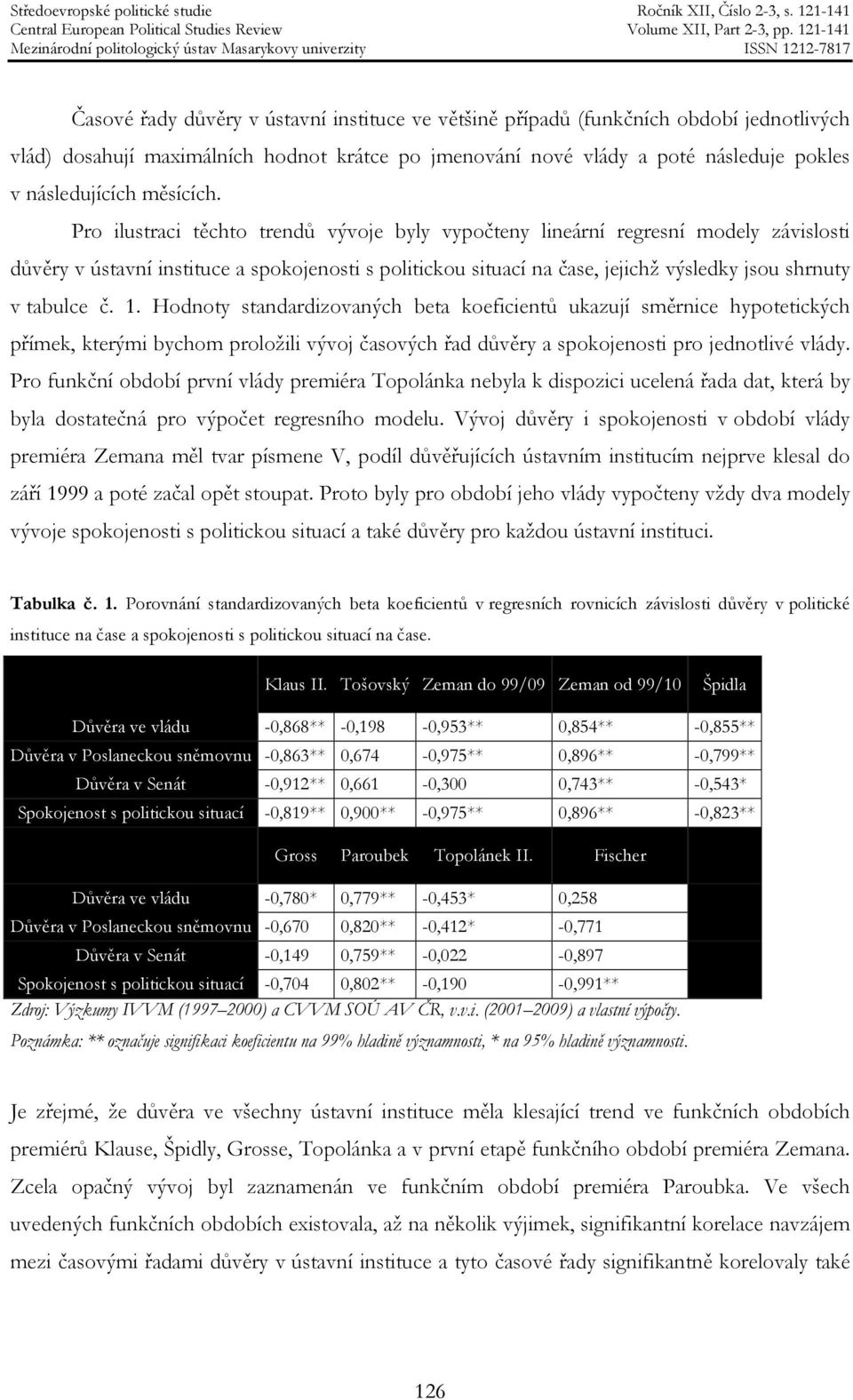 Pro ilustraci těchto trendů vývoje byly vypočteny lineární regresní modely závislosti důvěry v ústavní instituce a spokojenosti s politickou situací na čase, jejichž výsledky jsou shrnuty v tabulce č.