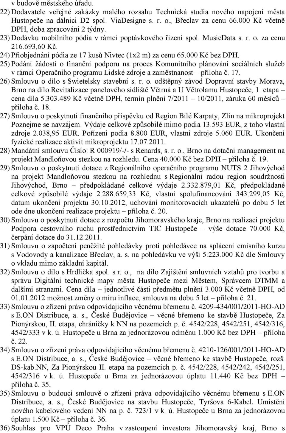 24) Přiobjednání pódia ze 17 kusů Nivtec (1x2 m) za cenu 65.000 Kč bez DPH.