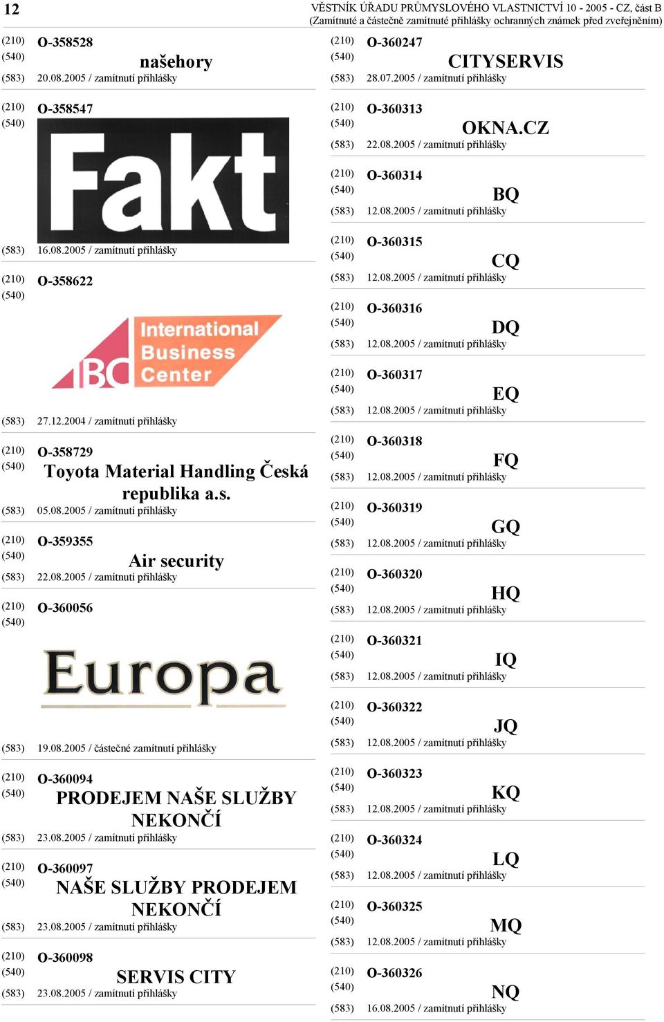 08.2005 / zamítnutí přihlášky O-360317 O-360318 O-360319 O-360320 O-360321 EQ FQ GQ HQ IQ 19.08.2005 / částečné zamítnutí přihlášky O-360322 JQ O-360094 PRODEJEM NAŠE SLUŽBY NEKONČÍ 23.08.2005 / zamítnutí přihlášky O-360097 NAŠE SLUŽBY PRODEJEM NEKONČÍ 23.