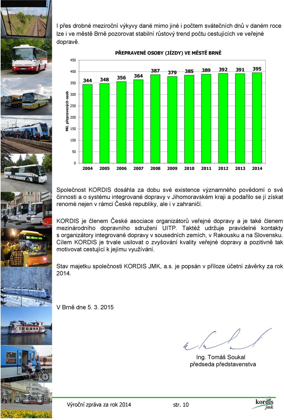 přepravených osob 300 250 200 150 100 50 0 2004 2005 2006 2007 2008 2009 2010 2011 2012 2013 2014 Společnost KORDIS dosáhla za dobu své existence významného povědomí o své činnosti a o systému