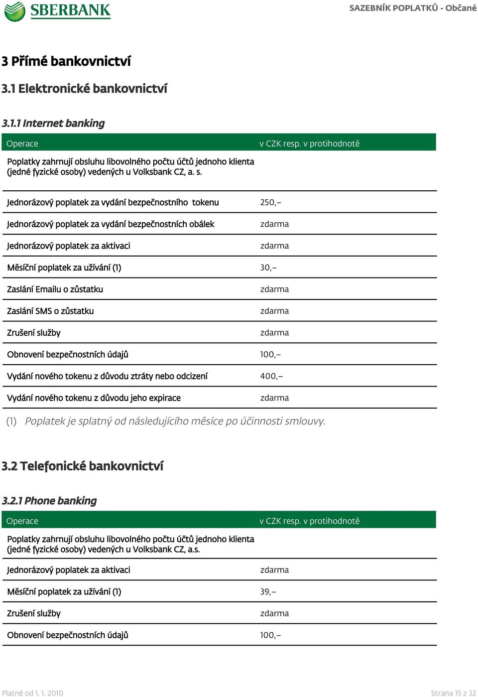 zůstatku Zaslání SMS o zůstatku Zrušení služby Obnovení bezpečnostních údajů 100, Vydání nového tokenu z důvodu ztráty nebo odcizení 400, Vydání nového tokenu z důvodu jeho expirace (1) Poplatek je