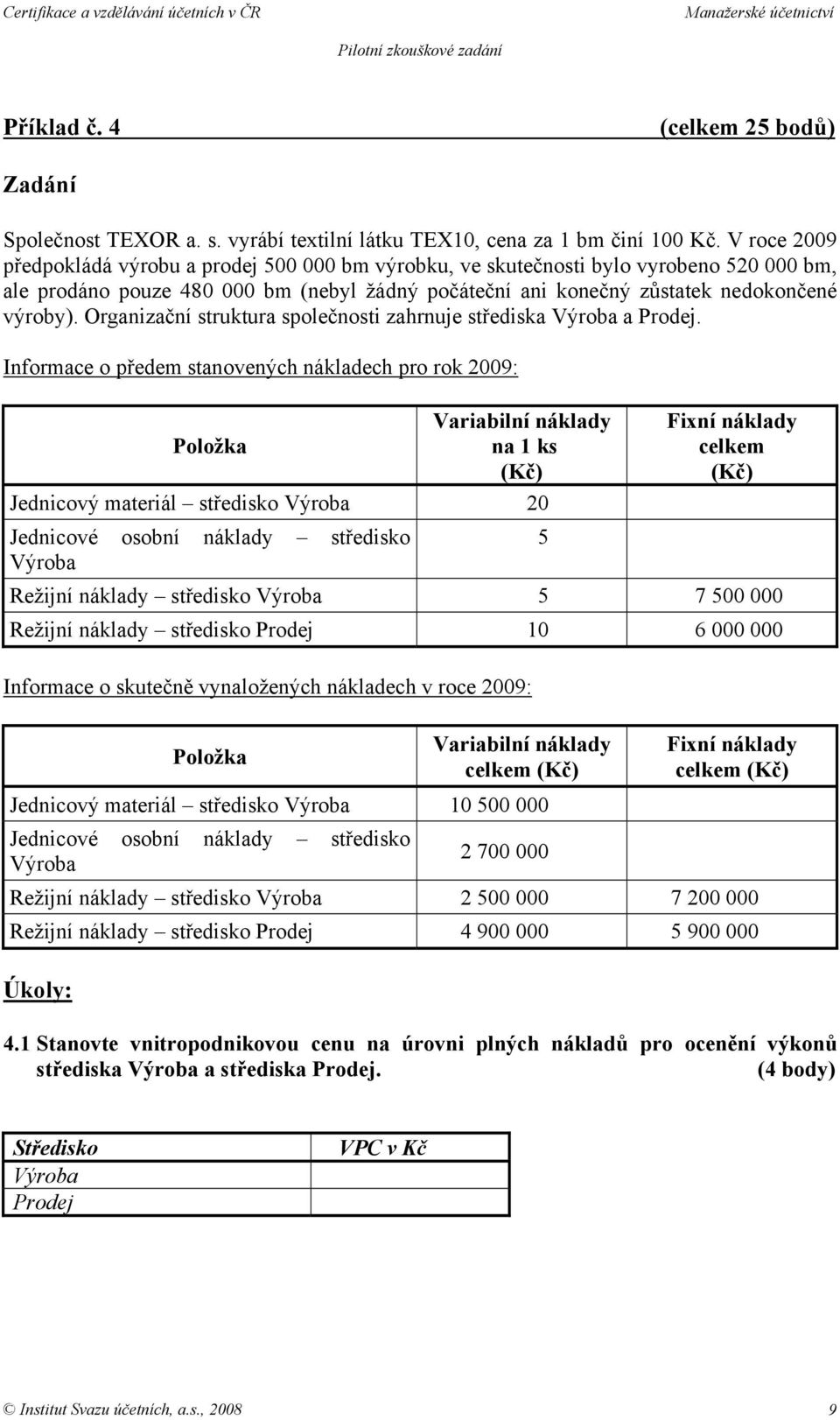 Organizační struktura společnosti zahrnuje střediska Výroba a Prodej.