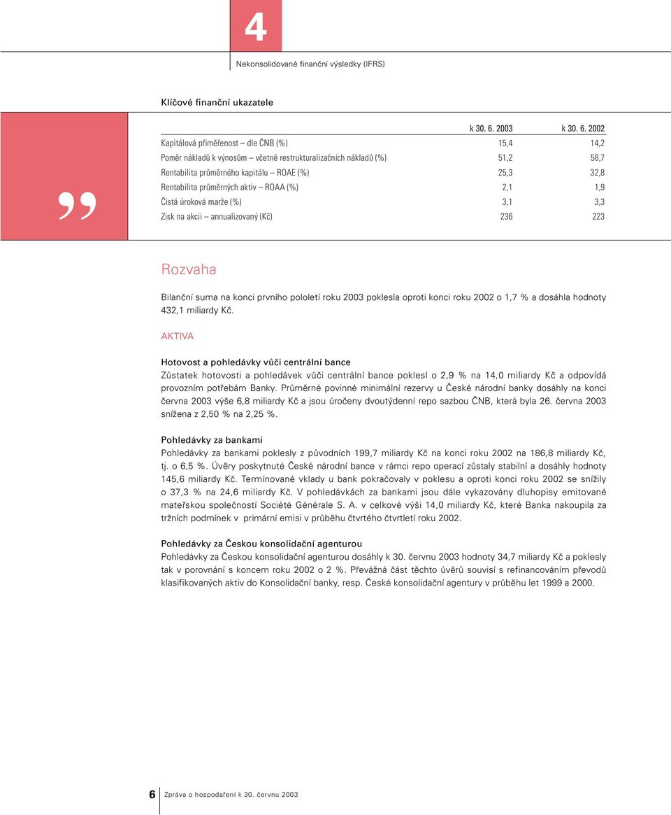 2002 Kapitálová přiměřenost dle ČNB (%) 15,4 14,2 Poměr nákladů k výnosům včetně restrukturalizačních nákladů (%) 51,2 58,7 Rentabilita průměrného kapitálu ROAE (%) 25,3 32,8 Rentabilita průměrných