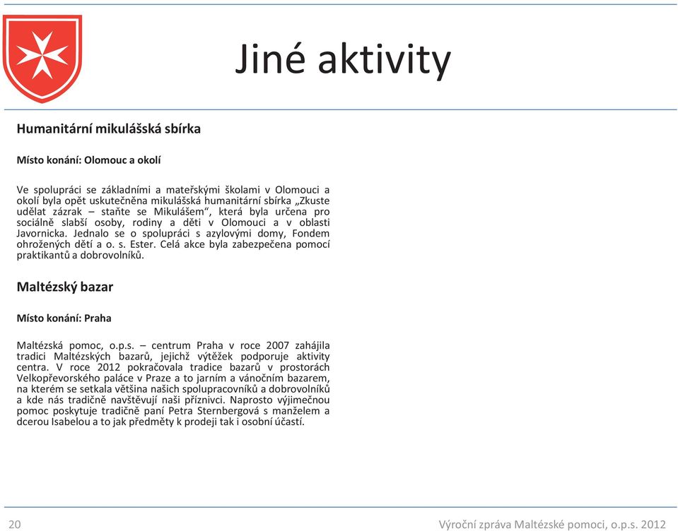 Jednalo se o spolupráci s azylovými domy, Fondem ohrožených dětí a o. s. Ester. Celá akce byla zabezpečena pomocí praktikantů a dobrovolníků. Maltézský bazar Místo konání: Praha Maltézská pomoc, o.p.s. centrum Praha v roce 2007 zahájila tradici Maltézských bazarů, jejichž výtěžek podporuje aktivity centra.
