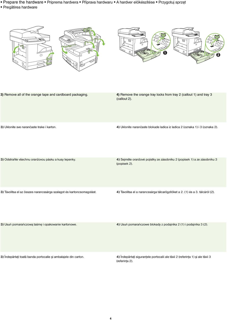 3) Odstraňte všechnu oranžovou pásku a kusy lepenky. 4) Sejměte oranžové pojistky ze zásobníku 2 (popisek 1) a ze zásobníku 3 (popisek 2).