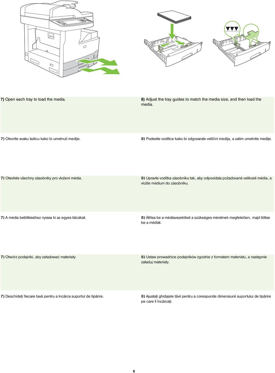 8) Upravte vodítka zásobníku tak, aby odpovídala požadované velikosti média, a vložte médium do zásobníku. 7) A média betöltéséhez nyissa ki az egyes tálcákat.
