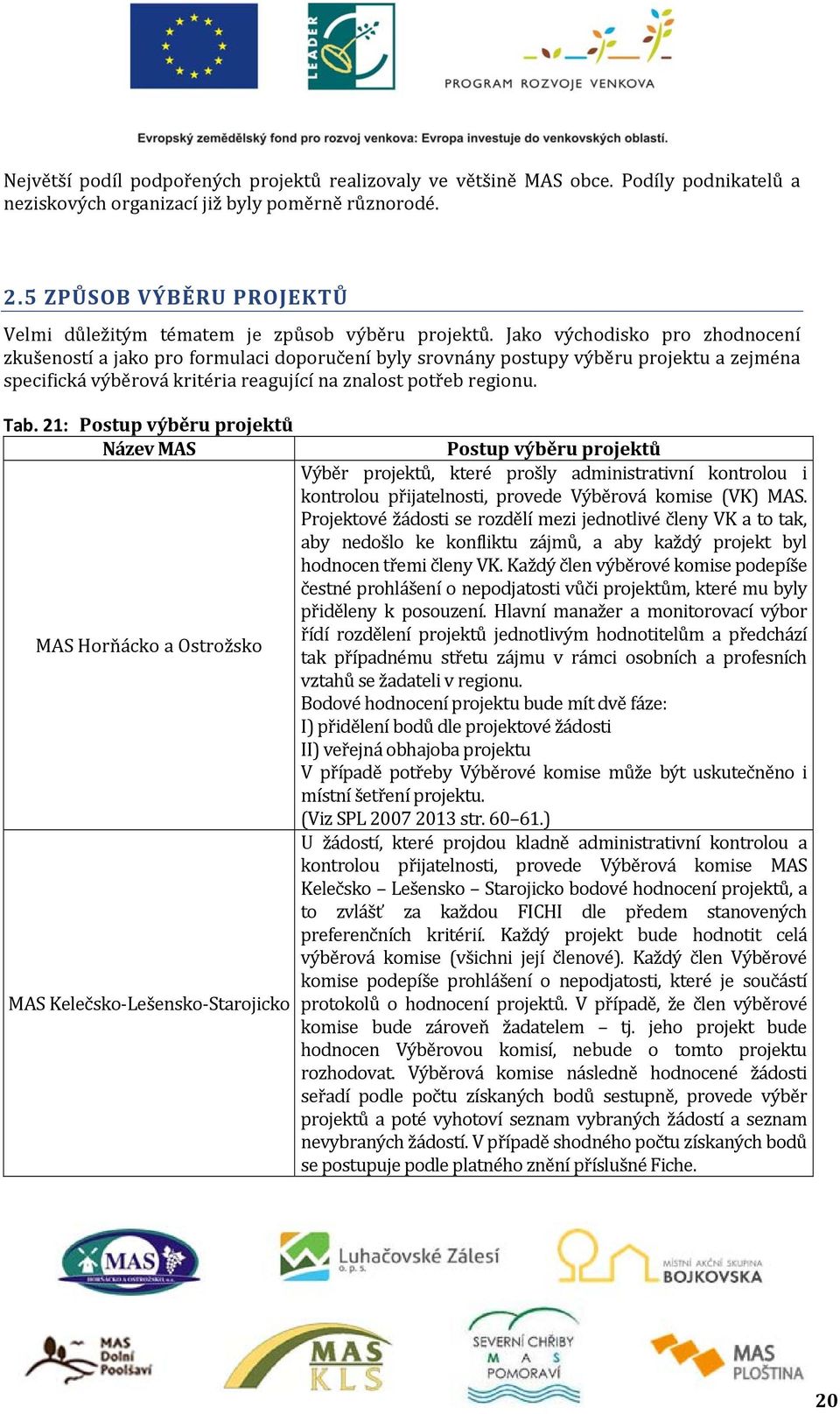 Jako východisko pro zhodnocení zkušeností a jako pro formulaci doporučení byly srovnány postupy výběru projektu a zejména specifická výběrová kritéria reagující na znalost potřeb regionu. Tab.