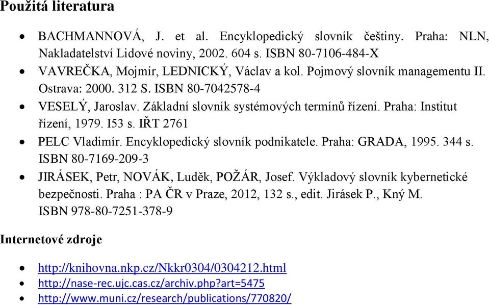 Encyklopedický slovník podnikatele. Praha: GRADA, 1995. 344 s. ISBN 80-7169-209-3 JIRÁSEK, Petr, NOVÁK, Luděk, POŽÁR, Josef. Výkladový slovník kybernetické bezpečnosti.