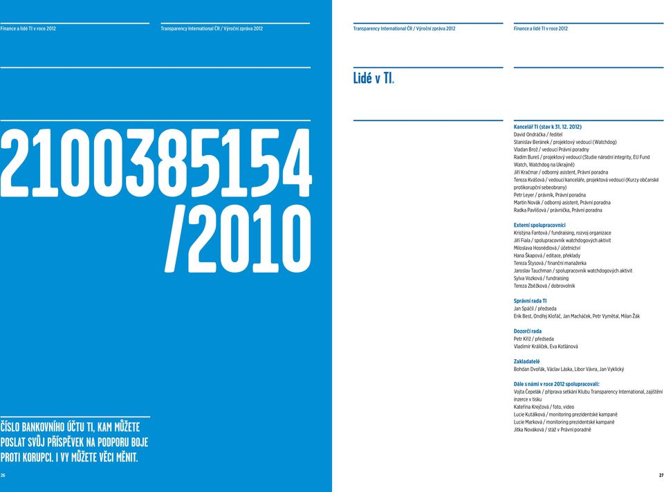 2012) David Ondráčka / ředitel Stanislav Beránek / projektový vedoucí (Watchdog) Vladan Brož / vedoucí Právní poradny Radim Bureš / projektový vedoucí (Studie národní integrity, EU Fund Watch,