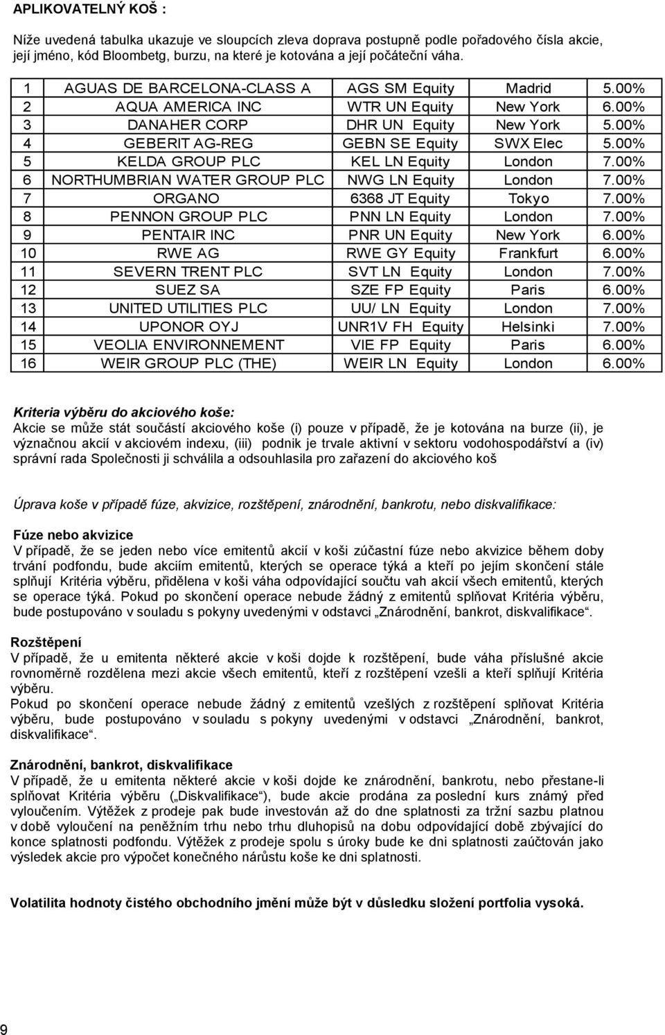 00% 5 KELDA GROUP PLC KEL LN Equity London 7.00% 6 NORTHUMBRIAN WATER GROUP PLC NWG LN Equity London 7.00% 7 ORGANO 6368 JT Equity Tokyo 7.00% 8 PENNON GROUP PLC PNN LN Equity London 7.