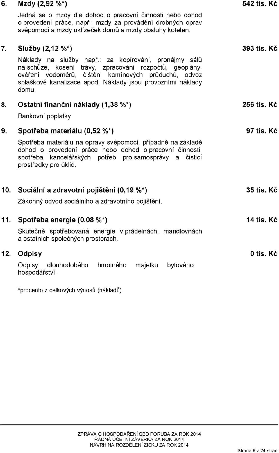 : za kopírování, pronájmy sálů na schůze, kosení trávy, zpracování rozpočtů, geoplány, ověření vodoměrů, čištění komínových průduchů, odvoz splaškové kanalizace apod.