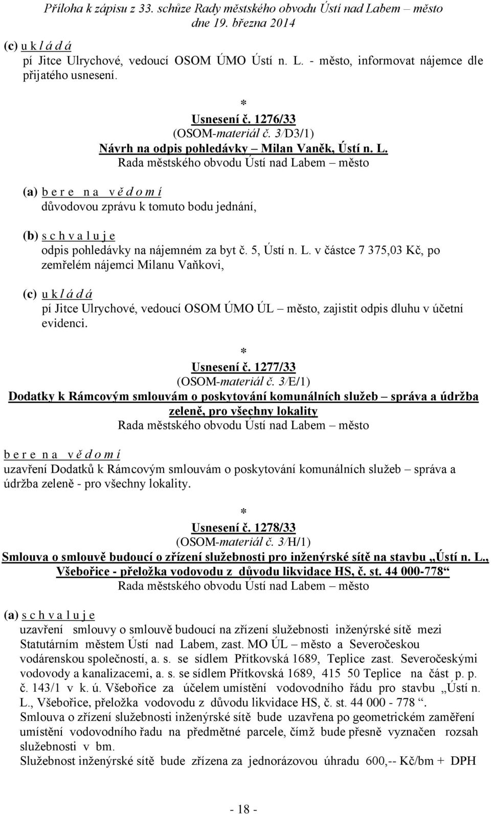 důvodovou zprávu k tomuto bodu jednání, (b) s c h v a l u j e odpis pohledávky na ném za byt č. 5, Ústí n. L.