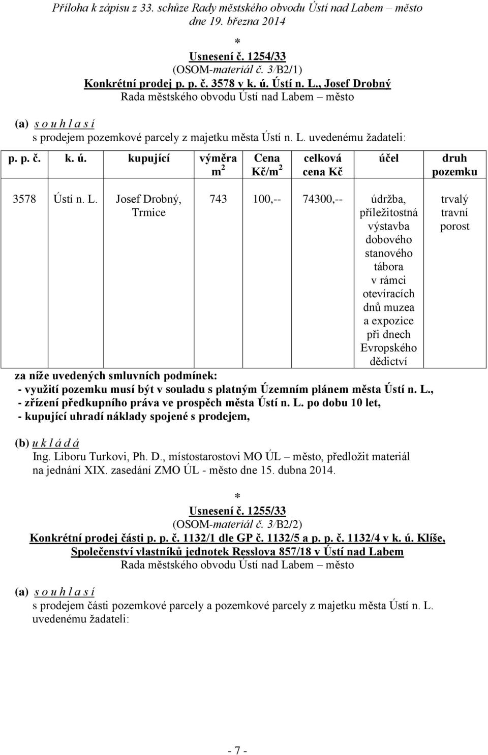 podmínek: - využití pozemku musí být v souladu s platným Územním plánem města Ústí n. L., - zřízení předkupního práva ve prospěch města Ústí n. L. po dobu 10 let, - kupující uhradí náklady spojené s prodejem, Ing.