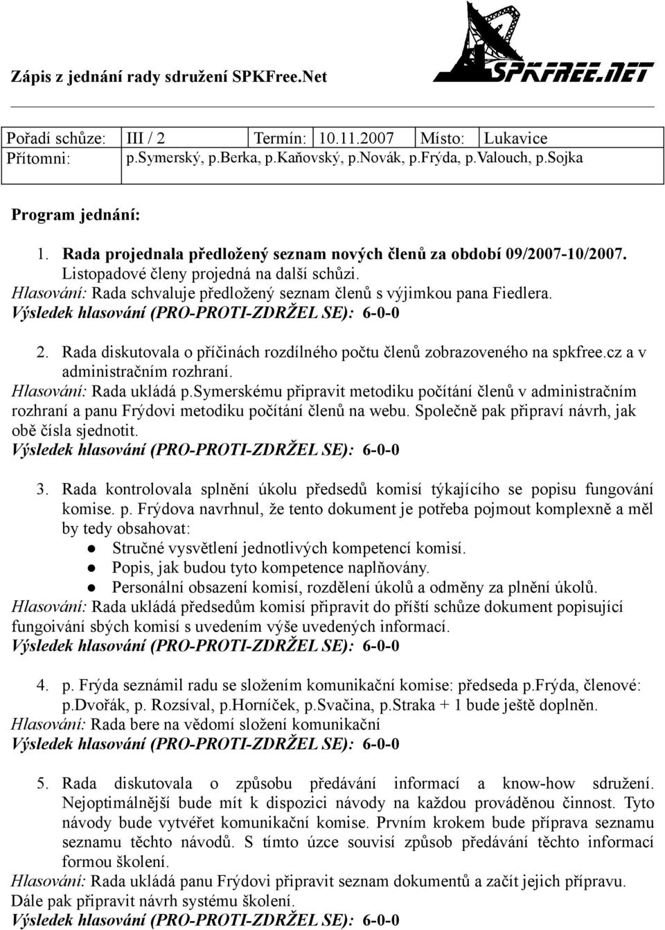 Rada diskutovala o příčinách rozdílného počtu členů zobrazoveného na spkfree.cz a v administračním rozhraní. Hlasování: Rada ukládá p.