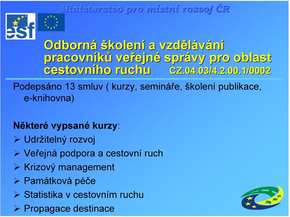 1/0002 Podepsáno 13 smluv ( kurzy, semináře, školení publikace, e-knihovna) Některé