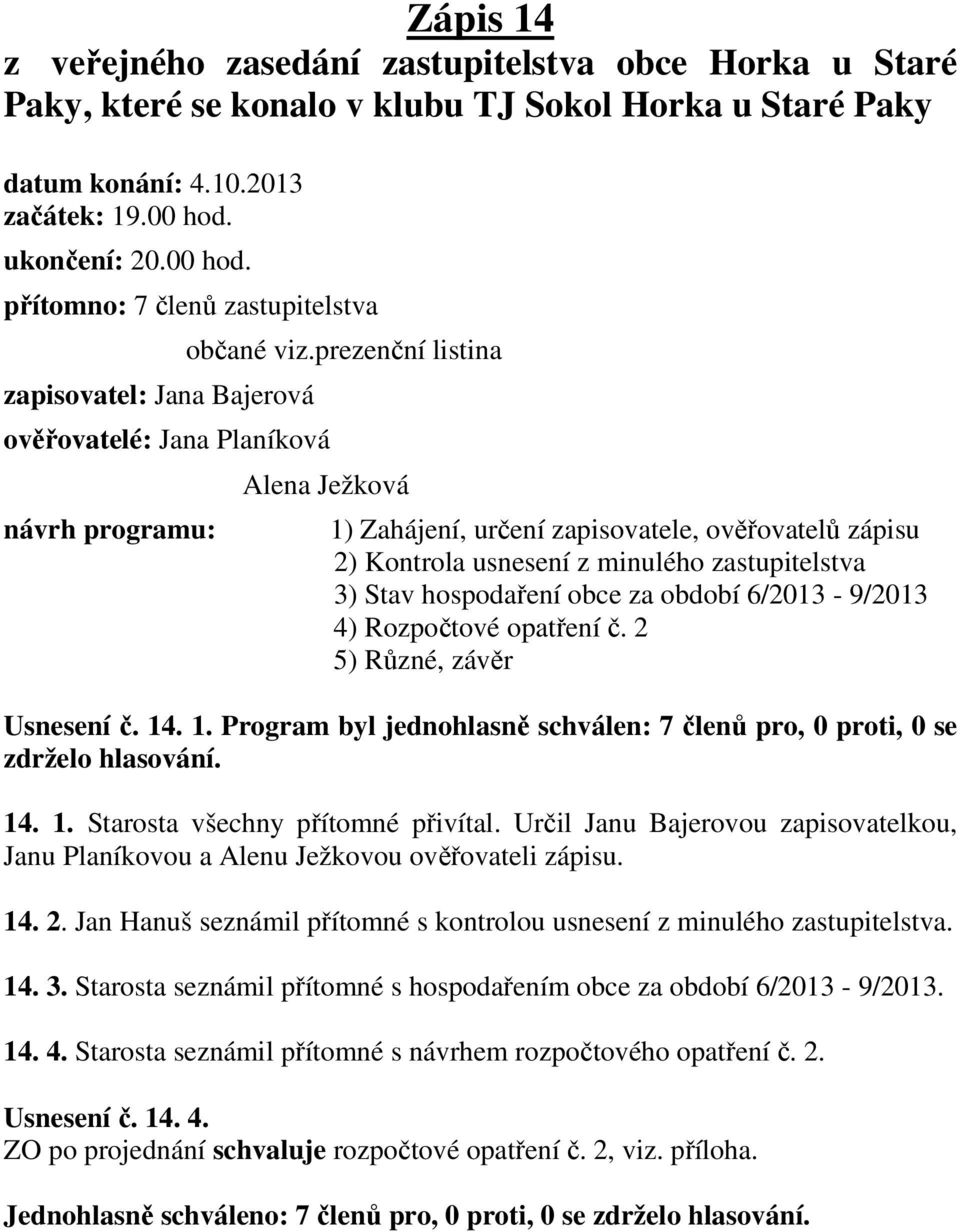 prezenční listina Alena Ježková 1) Zahájení, určení zapisovatele, ověřovatelů zápisu 2) Kontrola usnesení z minulého zastupitelstva 3) Stav hospodaření obce za období 6/2013-9/2013 4) Rozpočtové