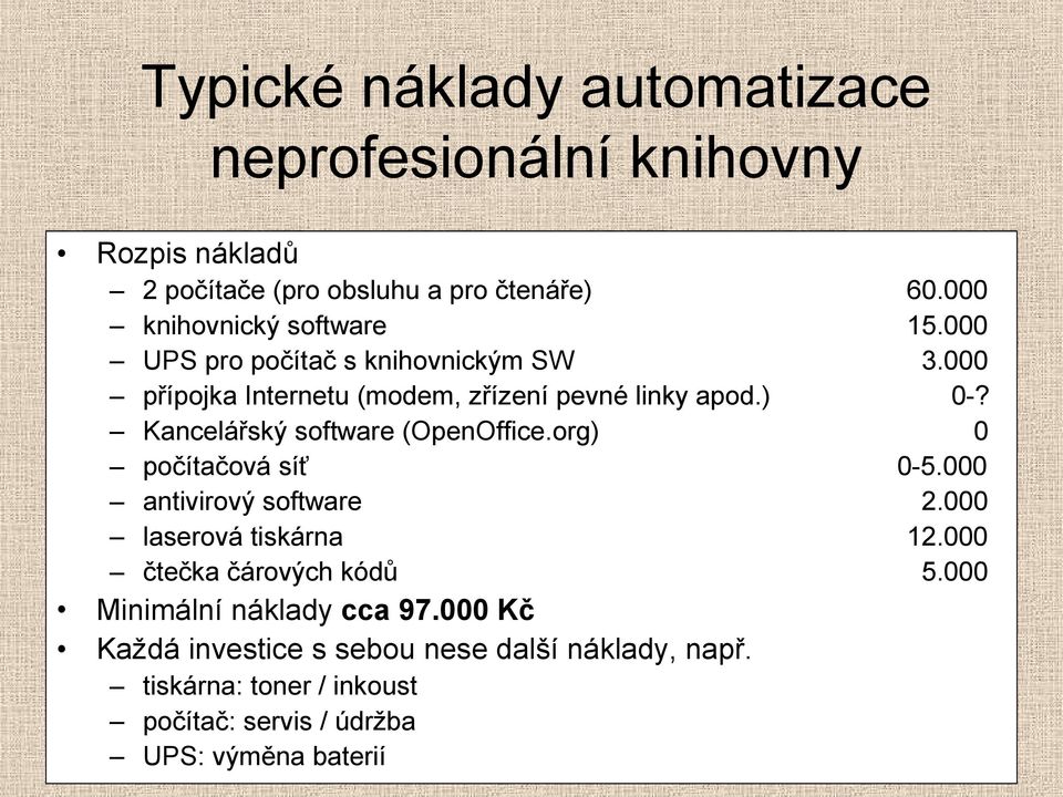 Kancelářský software (OpenOffice.org) 0 počítačová síť 0-5.000 antivirový software 2.000 laserová tiskárna 12.