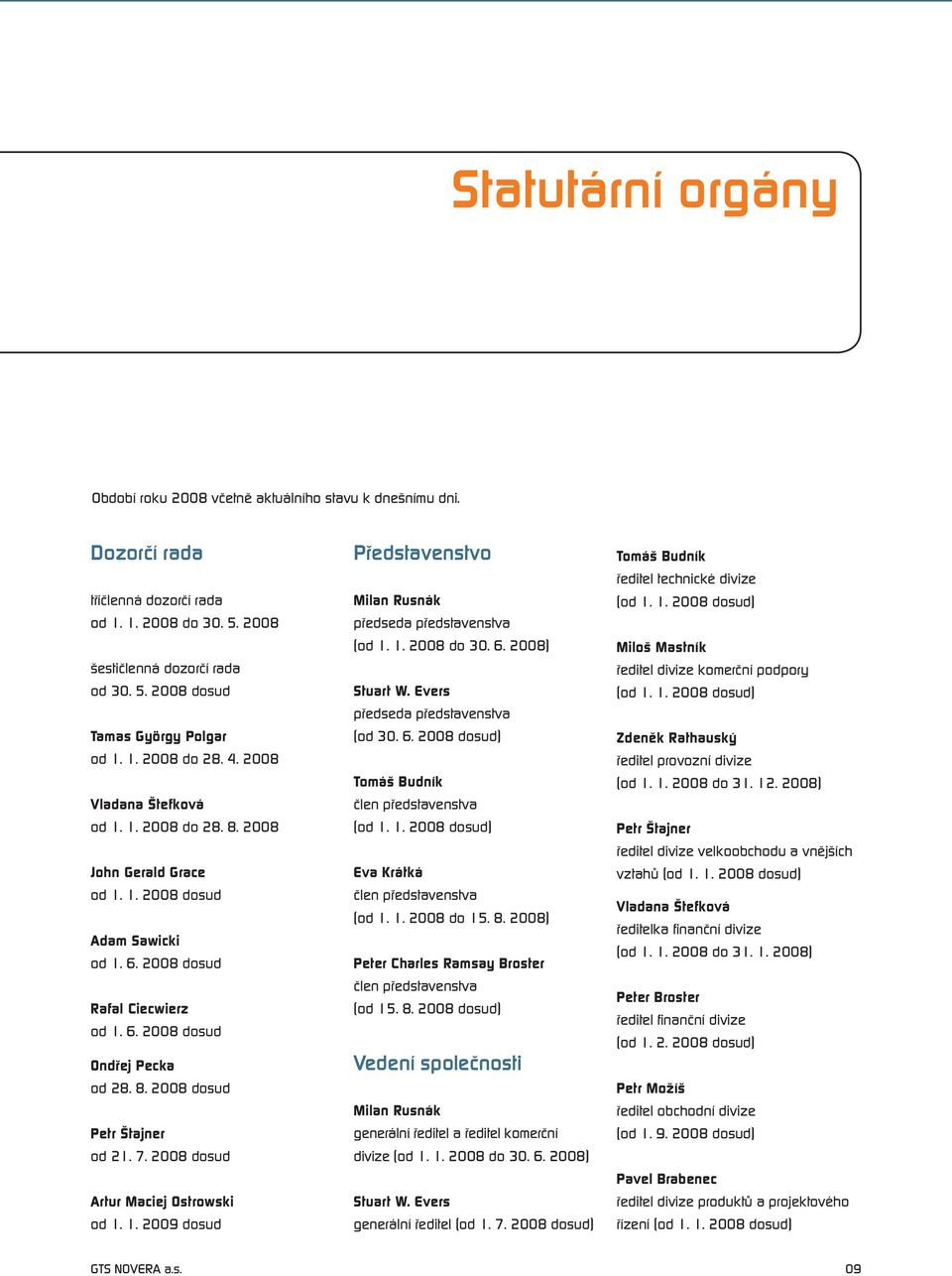 7. 2008 dosud Artur Maciej Ostrowski od 1. 1. 2009 dosud Představenstvo Milan Rusnák předseda představenstva (od 1. 1. 2008 do 30. 6. 2008) Stuart W. Evers předseda představenstva (od 30. 6. 2008 dosud) Tomáš Budník člen představenstva (od 1.