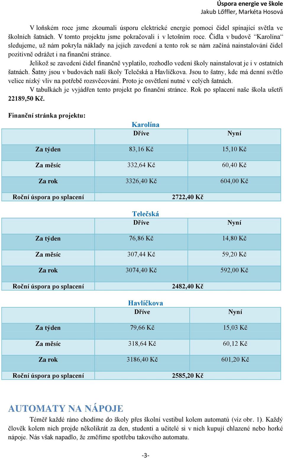 Jelikož se zavedení čidel finančně vyplatilo, rozhodlo vedení školy nainstalovat je i v ostatních šatnách. Šatny jsou v budovách naší školy Telečská a Havlíčkova.